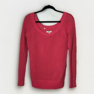 Guess Women's Medium Coral Sweater Long Sleeve Scoop Neck Open Knit 100% Cotton